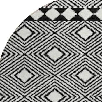 8' Black And Ivory Round Geometric Washable Indoor Outdoor Area Rug
