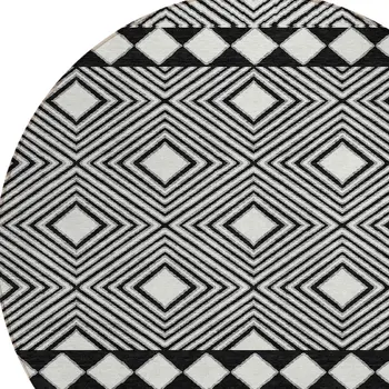 8' Black And Ivory Round Geometric Washable Indoor Outdoor Area Rug
