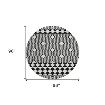 8' Black And Ivory Round Geometric Washable Indoor Outdoor Area Rug