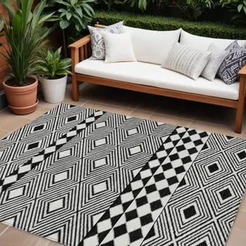 8' X 10' Black And Ivory Geometric Washable Indoor Outdoor Area Rug