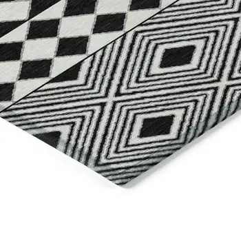 8' X 10' Black And Ivory Geometric Washable Indoor Outdoor Area Rug