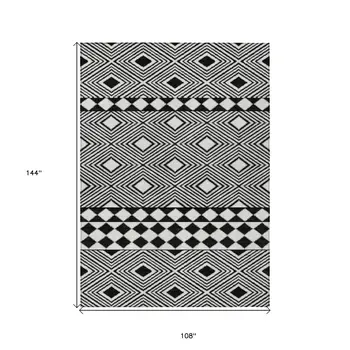 9' X 12' Black And Ivory Geometric Washable Indoor Outdoor Area Rug