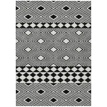 10' X 14' Black And Ivory Geometric Washable Indoor Outdoor Area Rug