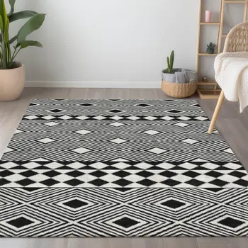 10' X 14' Black And Ivory Geometric Washable Indoor Outdoor Area Rug