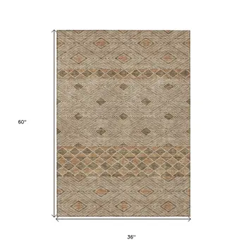 3' X 5' Brown And Beige Geometric Washable Indoor Outdoor Area Rug