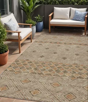5' X 8' Brown And Beige Geometric Washable Indoor Outdoor Area Rug