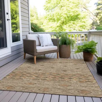 8' X 10' Brown And Beige Geometric Washable Indoor Outdoor Area Rug