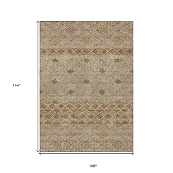 9' X 12' Brown And Beige Geometric Washable Indoor Outdoor Area Rug