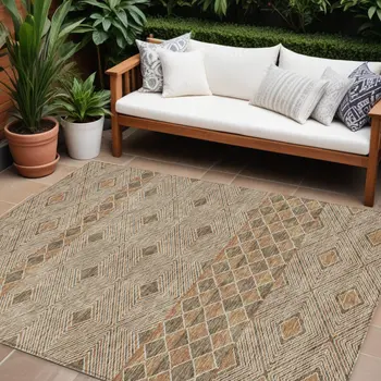 9' X 12' Brown And Beige Geometric Washable Indoor Outdoor Area Rug