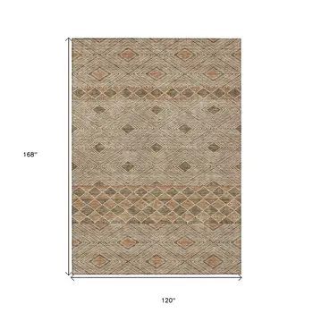 10' X 14' Brown And Beige Geometric Washable Indoor Outdoor Area Rug