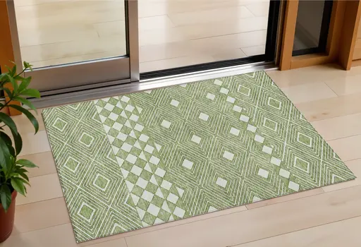 3' X 5' Green And Ivory Geometric Washable Indoor Outdoor Area Rug