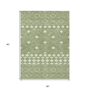 5' X 8' Green And Ivory Geometric Washable Indoor Outdoor Area Rug