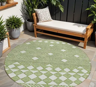 8' Green And Ivory Round Geometric Washable Indoor Outdoor Area Rug