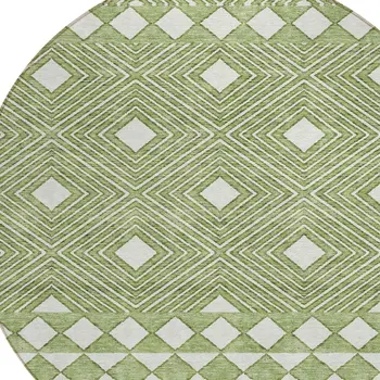 8' Green And Ivory Round Geometric Washable Indoor Outdoor Area Rug