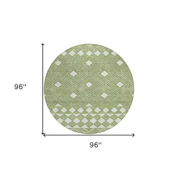 8' Green And Ivory Round Geometric Washable Indoor Outdoor Area Rug