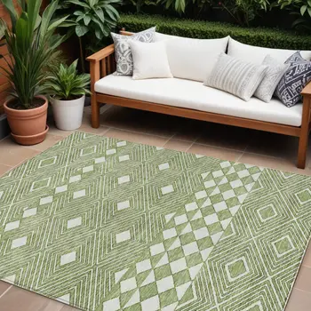 8' X 10' Green And Ivory Geometric Washable Indoor Outdoor Area Rug