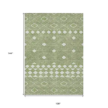 9' X 12' Green And Ivory Geometric Washable Indoor Outdoor Area Rug