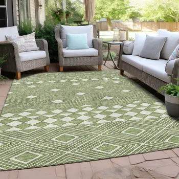 10' X 14' Green And Ivory Geometric Washable Indoor Outdoor Area Rug