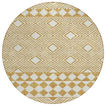 8' Gold And Ivory Round Geometric Washable Indoor Outdoor Area Rug