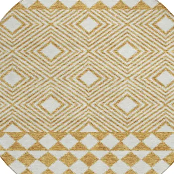 8' Gold And Ivory Round Geometric Washable Indoor Outdoor Area Rug