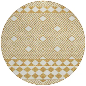 8' Gold And Ivory Round Geometric Washable Indoor Outdoor Area Rug