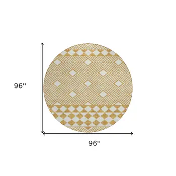 8' Gold And Ivory Round Geometric Washable Indoor Outdoor Area Rug