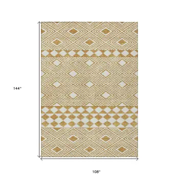 9' X 12' Gold And Ivory Geometric Washable Indoor Outdoor Area Rug