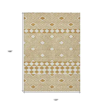 10' X 14' Gold And Ivory Geometric Washable Indoor Outdoor Area Rug
