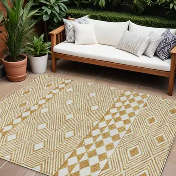 10' X 14' Gold And Ivory Geometric Washable Indoor Outdoor Area Rug