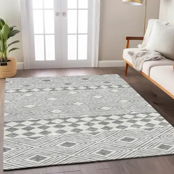 3' X 5' Gray And Ivory Geometric Washable Indoor Outdoor Area Rug