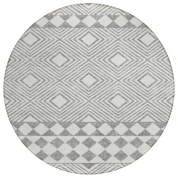 8' Gray And Ivory Round Geometric Washable Indoor Outdoor Area Rug