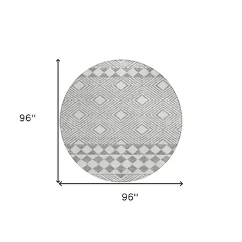 8' Gray And Ivory Round Geometric Washable Indoor Outdoor Area Rug