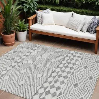 10' X 14' Gray And Ivory Geometric Washable Indoor Outdoor Area Rug