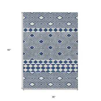 3' X 5' Navy Blue And Ivory Geometric Washable Indoor Outdoor Area Rug