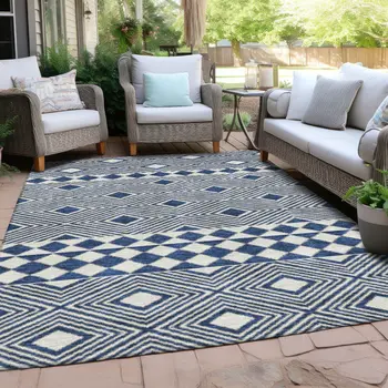 3' X 5' Navy Blue And Ivory Geometric Washable Indoor Outdoor Area Rug