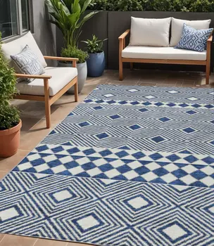 5' X 8' Navy Blue And Ivory Geometric Washable Indoor Outdoor Area Rug