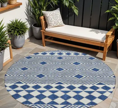 8' Navy Blue And Ivory Round Geometric Washable Indoor Outdoor Area Rug