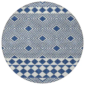8' Navy Blue And Ivory Round Geometric Washable Indoor Outdoor Area Rug