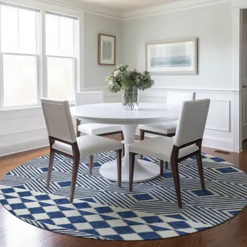 8' Navy Blue And Ivory Round Geometric Washable Indoor Outdoor Area Rug