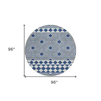 8' Navy Blue And Ivory Round Geometric Washable Indoor Outdoor Area Rug