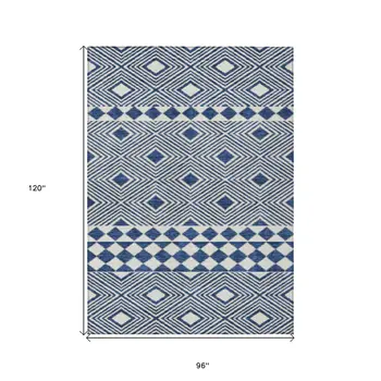 8' X 10' Navy Blue And Ivory Geometric Washable Indoor Outdoor Area Rug