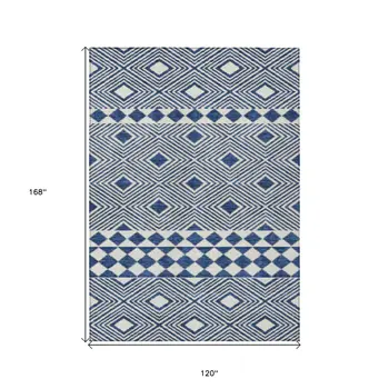10' X 14' Navy Blue And Ivory Geometric Washable Indoor Outdoor Area Rug