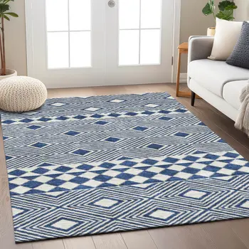 10' X 14' Navy Blue And Ivory Geometric Washable Indoor Outdoor Area Rug