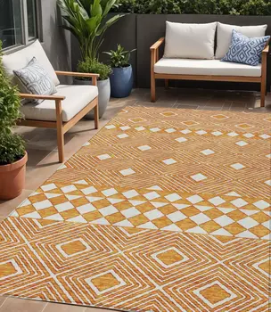 5' X 8' Orange And Ivory Geometric Washable Indoor Outdoor Area Rug