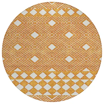 8' Orange And Ivory Round Geometric Washable Indoor Outdoor Area Rug