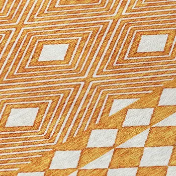 8' Orange And Ivory Round Geometric Washable Indoor Outdoor Area Rug