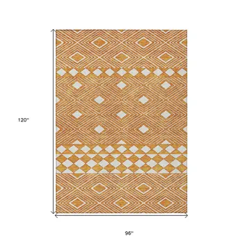 8' X 10' Orange And Ivory Geometric Washable Indoor Outdoor Area Rug