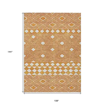 9' X 12' Orange And Ivory Geometric Washable Indoor Outdoor Area Rug