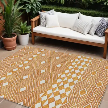 10' X 14' Orange And Ivory Geometric Washable Indoor Outdoor Area Rug