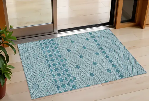 3' X 5' Teal Blue And Aqua Geometric Washable Indoor Outdoor Area Rug